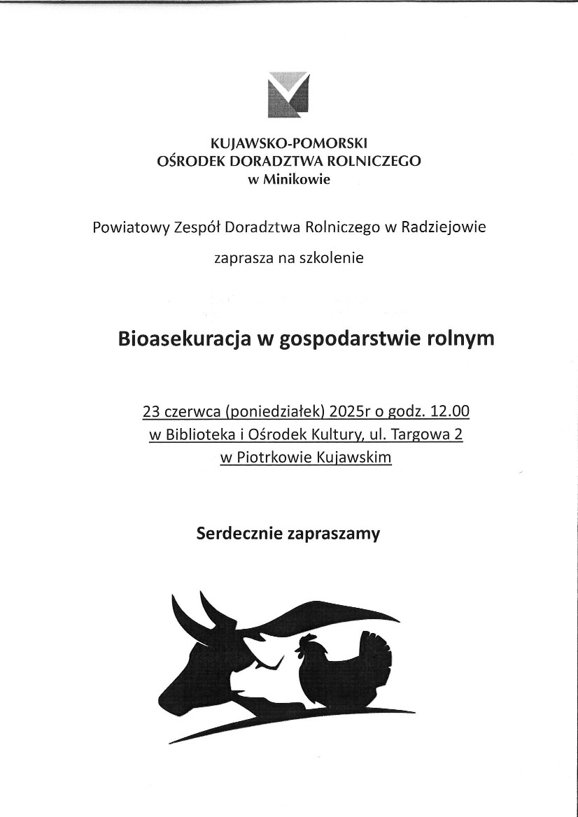 Szkolenie - Bioasekuracja w gospodarstwie rolnym - 23 czerwca (poniedziałek) 2025 r. godz. 12:00